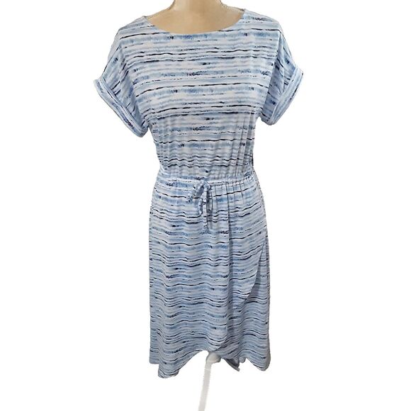 NWT blue striped midi dress lightweight size S faux wrap cap sleeves hi-low - Picture 1 of 5